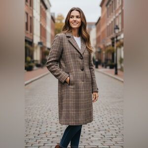 Women’s DKNY Plaid Walker Coat Plaid Gray and Tan Faux Leather Trim Medium